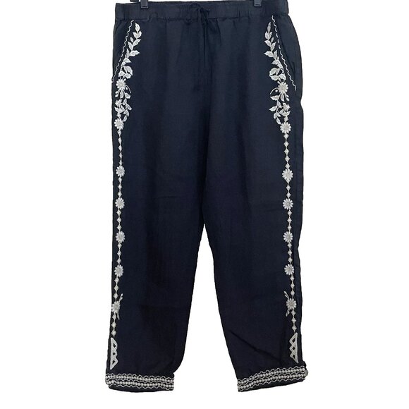 Johnny Was Black Linen Kemi Embroidered Pants Large Pull on Drawstring Festival - Picture 2 of 11